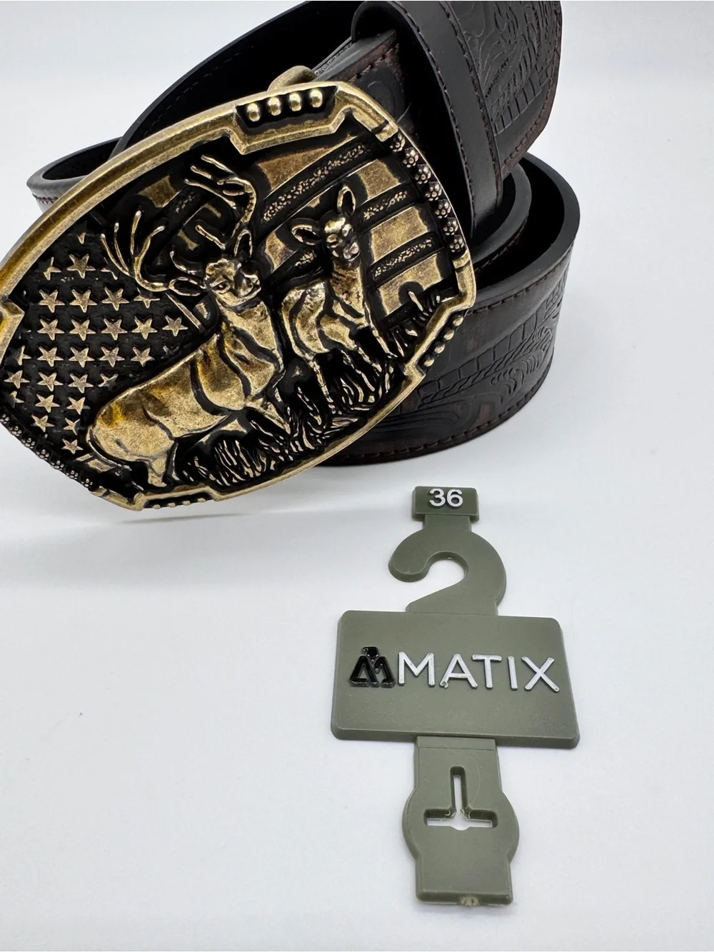 Matix Western Leather Belt 36 NWT Tooled Tooled Floral Deer American Flag Buckle